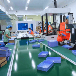 Factory assembly line producing luxury packaging boxes