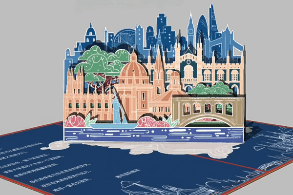A pop-up card showcasing a city skyline with intricate landmarks and detailed buildings in vibrant colors.