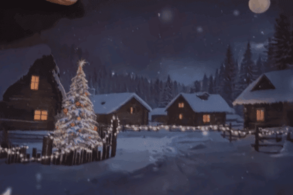 A cozy winter village scene with snow-covered cabins and a glowing Christmas tree under a starry night sky.