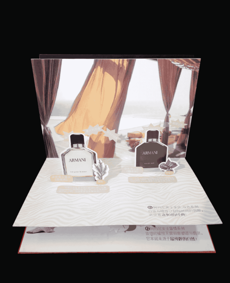 ARMANI Elegant 3D pop-up card featuring luxury perfume bottles with a scenic background.