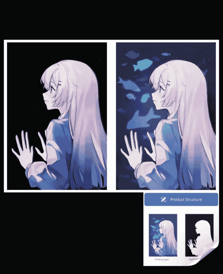 Anime-style illustration with a girl touching glass, showing a day-to-night transformation effect.