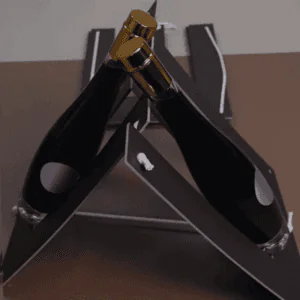 Black cardboard wine rack holding two bottles