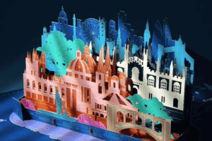 Colorful 3D popup card on factory table