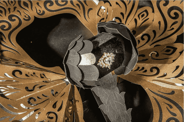 Elegant black and gold pop-up gift box with intricate details.