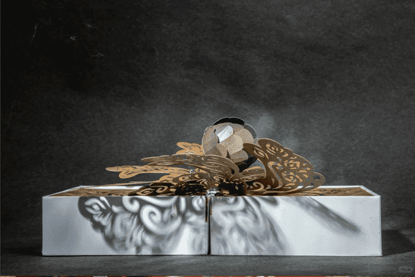 Elegant black and gold pop-up gift box.