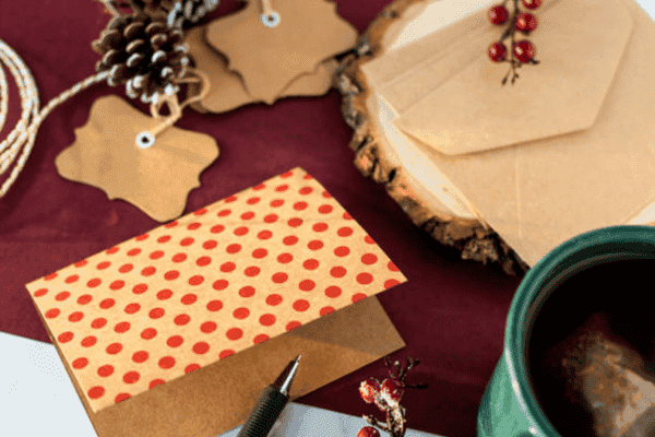 Festive handmade greeting cards and envelopes.