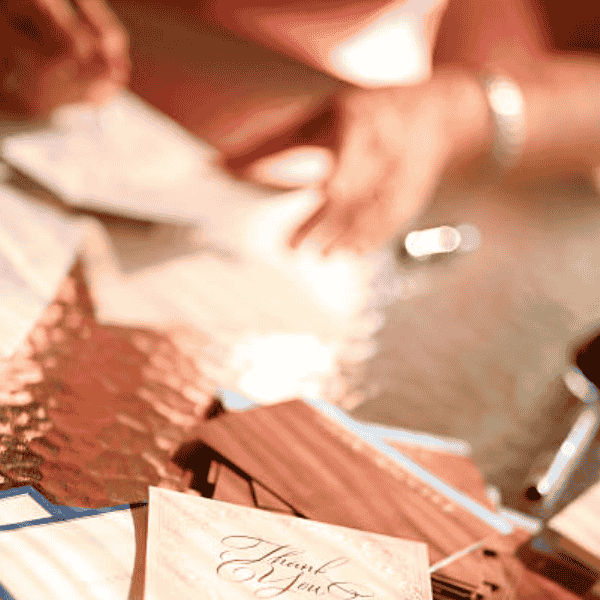 Hands crafting elegant handmade greeting cards.