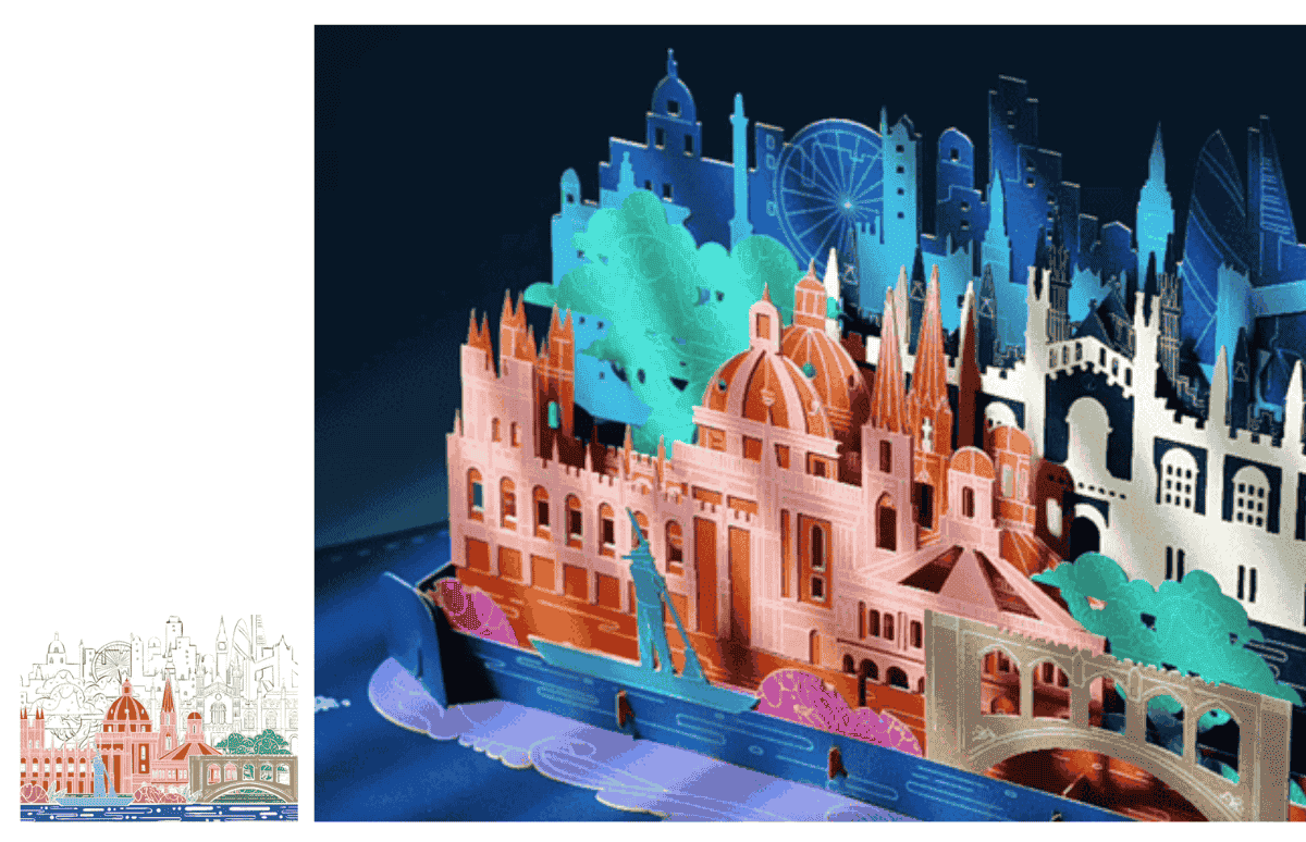 Intricate 3D pop-up card featuring a colorful cityscape
