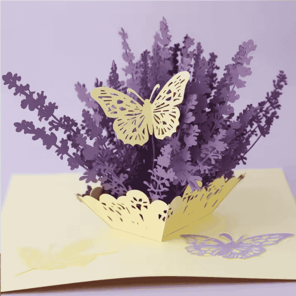 Lavender pop-up card with butterfly design.