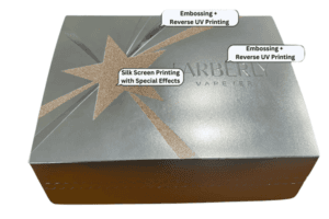 Luxury packaging with embossing and silk screen printing.