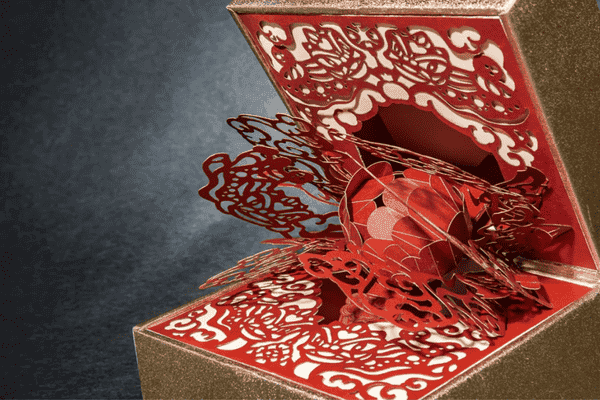 Luxury red pop-up greeting card.