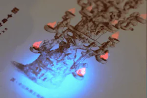 UV light revealing hidden design details on a printed card.