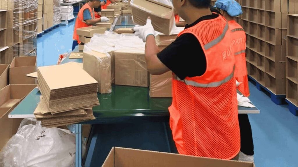 Workers in a packaging facility assembling and inspecting cardboard boxes on a production line, ensuring quality and efficiency.