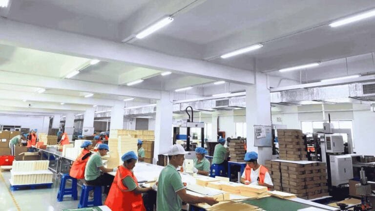 Workers in a well-lit factory assembling and inspecting packaging materials, ensuring quality control and efficiency in production.