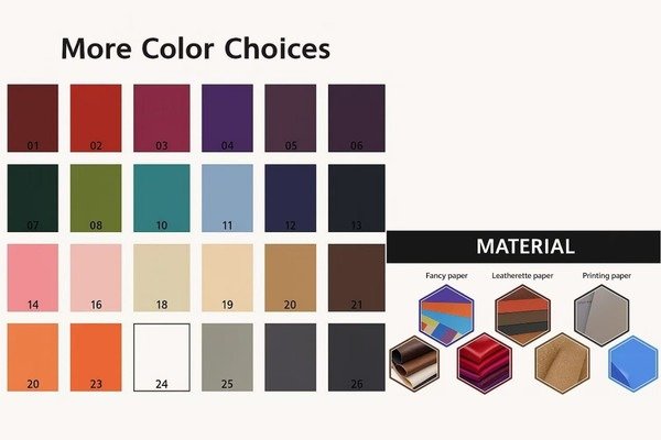 Use image: material swatches for soft-touch paper, textured paper, faux leather, velvet, and microfiber Jewelry box material swatches and color options