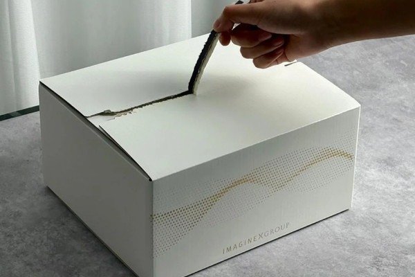 Alt: Luxury ecommerce tear-strip corrugated box with printed inner lining Luxury ecommerce tear-strip corrugated box with printed inner lining