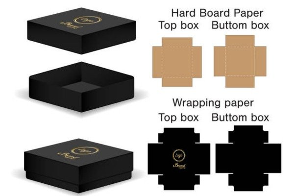 Rigid box material layers with paper wrap greyboard and insert