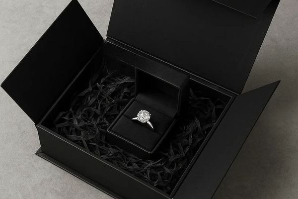 Close-up of black custom jewelry boxes with gold foil logo and velvet inserts